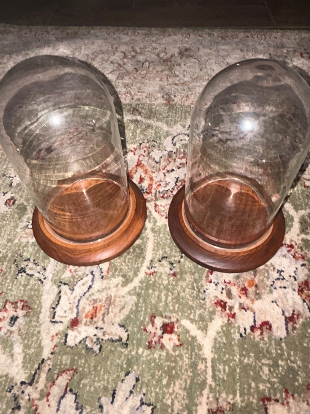 Pair of Vintage Glass Dones with wood base. 7"x4"